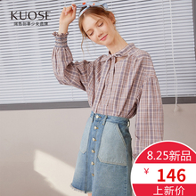 阔色2018秋冬新款韩版女装chic复古长袖漏锁骨上衣格纹衬衫图片