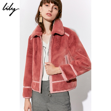 Lily2018冬新款女装复古仿皮毛拼接粉色厚短外套118439C3913图片