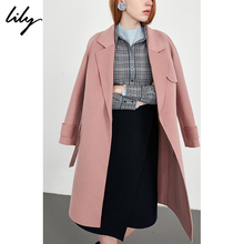 Lily2018秋新款女装纯色系带收腰毛呢外套双面呢大衣118359F1920图片