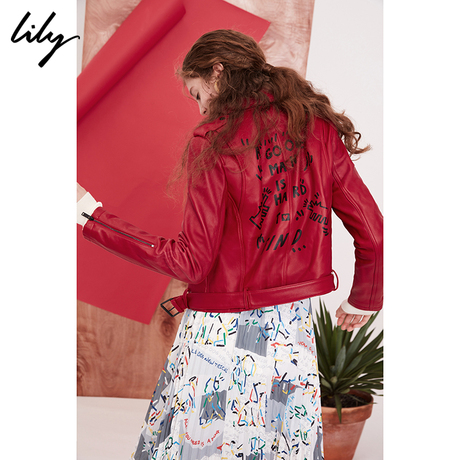 Lily2018春新款女装羊皮革拉链短外套大红真皮外套118100H3603商品大图