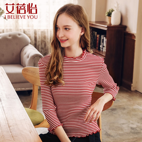 艾蓓怡夏2018新款条纹t恤女七分袖立领针织休闲百搭港味chic上衣商品大图