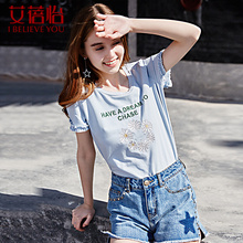 ins超火的短袖t恤女艾蓓怡夏装2018新款甜美绣花木耳边圆领上衣女图片