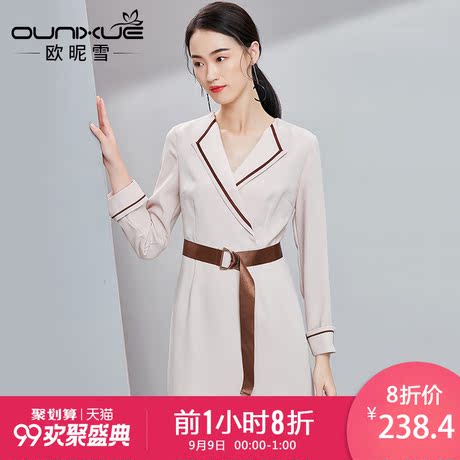 欧昵雪2018春秋装新款气质OL通勤系带高腰修身九分袖连衣裙女短裙商品大图
