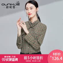 欧昵雪2018秋装新款复古蝴蝶结系带翻领格子衬衫女双口袋长袖衬衣图片