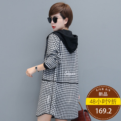 秋比拼接长袖外套女秋装新款时尚韩版小个子宽松中长款格子上衣女商品大图