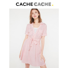 cachecache2018夏新款红白条纹不规则设计甜美气质chic连衣裙n女