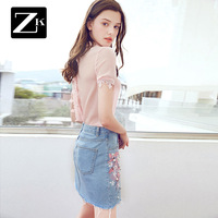 ZK牛仔裙女2018新款ins短裙高腰牛仔印花半身裙包臀裙一步裙a字裙