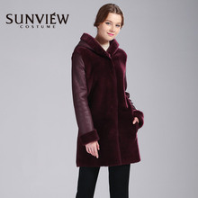 SUNVIEW/尚约品牌专柜女装冬季新品长袖连帽羊毛拼接皮衣皮草外套图片