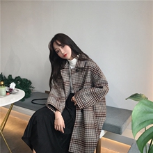 秋冬女装韩版复古格子中长款宽松加厚毛呢子大衣学生原宿风衣外套图片