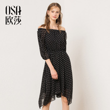 ⑩OSA欧莎2018秋季复古中长款一字领不规则波点印花雪纺连衣裙女