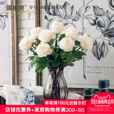 贵妃玫瑰仿真花艺整体套装 小马蹄莲玻璃花瓶摆件 假花绢花家居