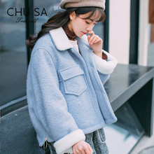 女装2018冬季韩版宽松加厚羊羔毛翻领短款毛呢外套学生呢子大衣女图片