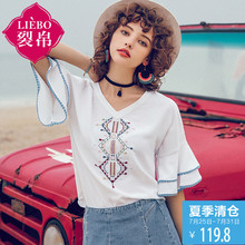 裂帛2018夏装新款唯美民族风V领刺绣双层喇叭短袖雪纺衫51172498图片