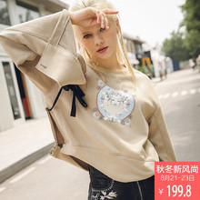 裂帛2018秋装新款可爱圆领精美印花侧缝开叉甜美休闲款套头卫衣女图片