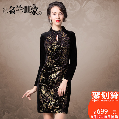 名兰世家春秋新款时尚气质改良短旗袍长袖印花连衣裙中老年妈妈装商品大图