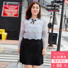 纤莉秀大码女装胖妹妹2018春装新款圆领拼接蕾丝连衣裙图片