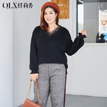 纤莉秀2018冬装新款大码女装胖妹妹200斤灯笼长袖套头韩版针织衫图片
