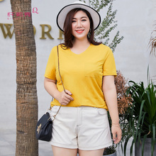 纤莉秀2018新款夏装加肥大码女V领针织弹力短袖上衣胖mm显瘦T恤图片