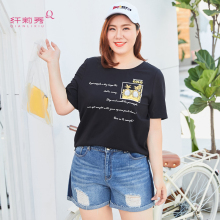 纤莉秀2018夏新款大码女装针织开叉宽松圆领短袖海绵宝宝弹力T恤图片