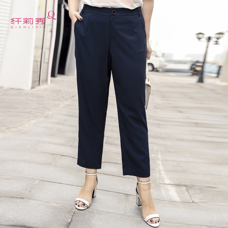 纤莉秀2018夏装新款大码女装条纹显瘦胖mm休闲裤子胖妹妹韩版长裤商品大图