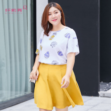纤莉秀大码女装2018夏新款胖妹妹200斤印花短袖胖mm韩版弹力T恤图片
