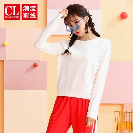 潮流前线2018秋季新品女款潮流时尚韩版简约青春净色长袖针织衫女商品大图