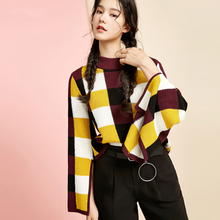1212新品 套头女 ONLY冬季宽松格子撞色喇叭袖 针织衫 117313540