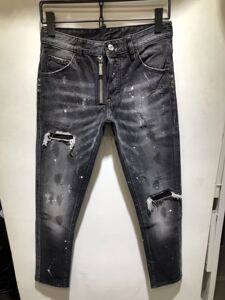 19早春新款牛仔长裤男修身小脚d2水洗黑灰色拉链装饰832-1污迹补