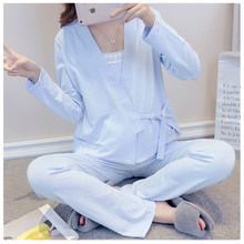 纯棉孕妇日式睡衣哺乳期产后喂奶怀孕期家居服 月子服和服三件套装