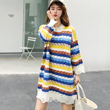 中长款圆领彩色条纹长袖针织衫连衣裙 套头女宽松chic慵懒风秋冬图片