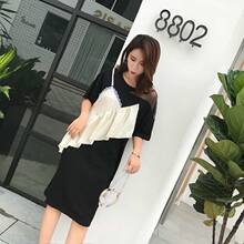 木耳边拼接假两件胖MM短袖连衣裙 套头女宽松显瘦圆领A字裙2018夏图片