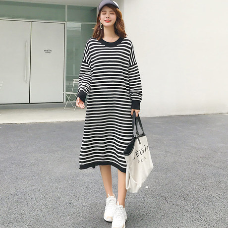 中长款圆领细条纹长袖针织衫连衣裙 时尚套头女宽松慵懒风2018秋商品大图