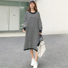 中长款圆领细条纹长袖针织衫连衣裙 时尚套头女宽松慵懒风2018秋图片