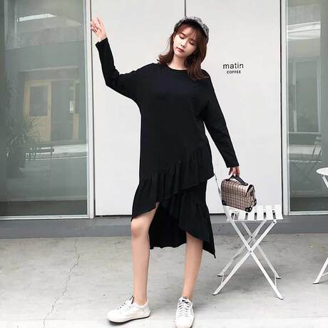 2018秋季韩版 中长款长袖不规则裙 套头女宽松大码时尚休闲连衣裙商品大图