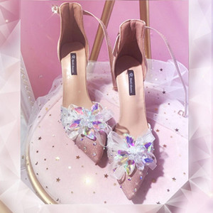 ins原创日系幻彩色尖头女单鞋高跟鞋浅口水晶花2019夏款一字法式