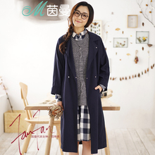 【直播秒杀】茵曼女装秋新款宽松显瘦纯色双排扣风衣外套女中长款图片