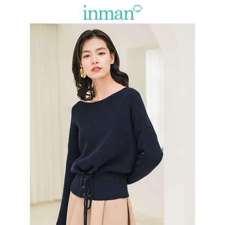 inman茵曼旗舰店绑带收腰显瘦套头毛衣2018秋冬装新款韩版针织衫商品大图