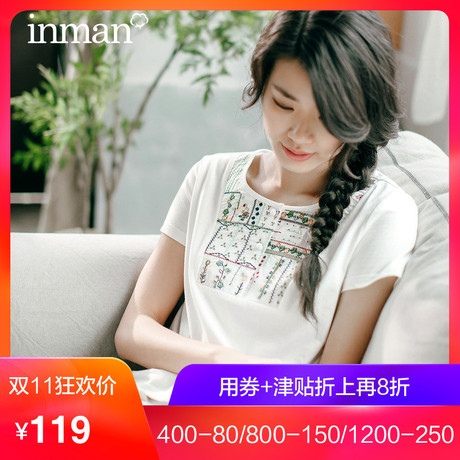 茵曼2018夏装新款原创文艺范刺绣纯棉圆领短袖修身T恤女气质上衣商品大图