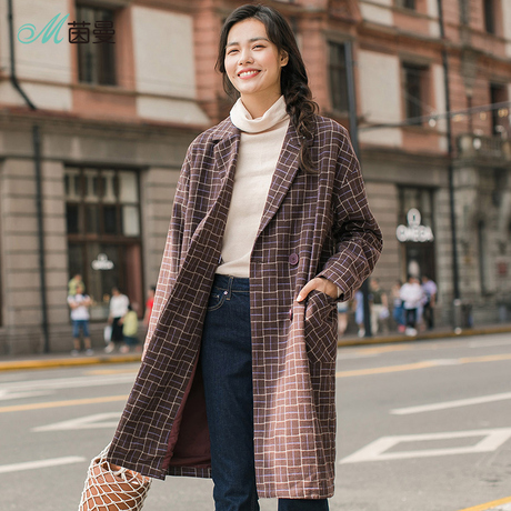 茵曼旗舰店2018秋装新款女装文艺范格纹双排扣厚实保暖长袖外套女商品大图