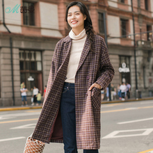 茵曼旗舰店2018秋装新款女装文艺范格纹双排扣厚实保暖长袖外套女图片