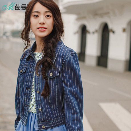 茵曼2018春秋新款时尚条纹百搭小清新牛仔外套女秋短款长袖上衣商品大图