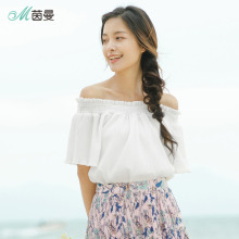 茵曼2018夏装新款淑女白色木耳边性感露肩一字领宽袖雪纺衫女套图片
