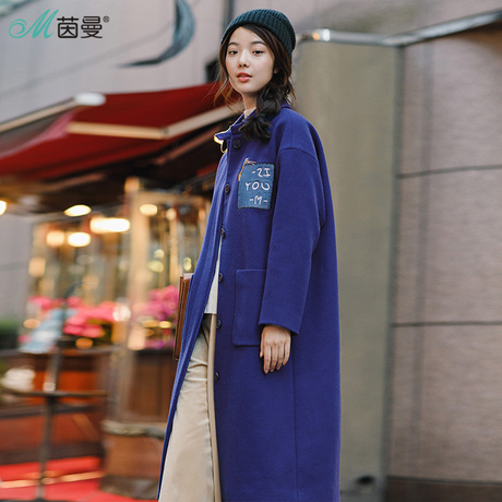 茵曼旗舰店女装2017冬装新款落肩袖H型贴布绣中长款毛呢外套女商品大图