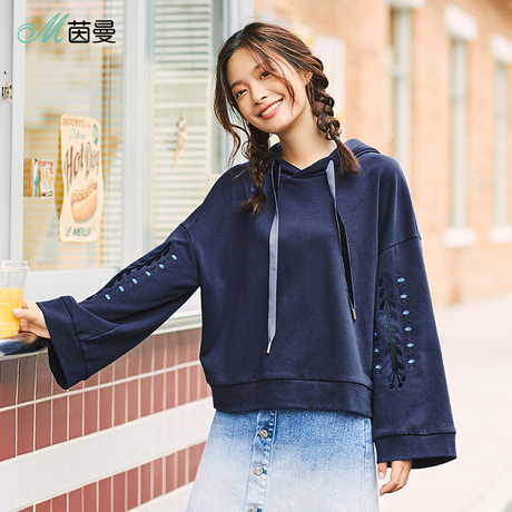 茵曼旗舰店绣花喇叭袖抽绳连帽卫衣2018秋冬新款宽松韩版卫衣帽衫商品大图