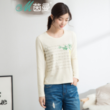 茵曼 2017秋装新款文艺范萝卜印花圆领长袖T恤打底衫女1864021132图片
