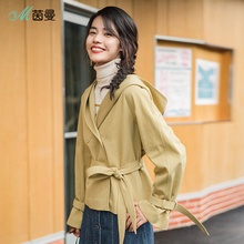 茵曼旗舰店2018秋装新款文艺棉质英伦风连帽中性短外套女装配腰带图片