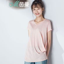 茵曼夏新款纯色宽松V领短袖套头薄针织衫女上衣1862302730图片