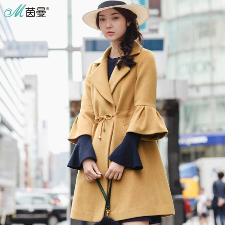 茵曼2017冬装新款翻领净色中长款毛呢收腰外套女1874321498商品大图