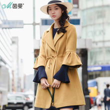 茵曼2017冬装新款翻领净色中长款毛呢收腰外套女1874321498图片