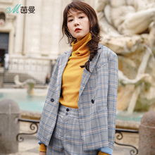 茵曼旗舰店2018秋装新款女装休闲小西装短款小外套小西服格子上衣图片
